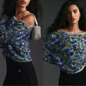 Anthropologie Blue and Yellow Fuzzy Sweater